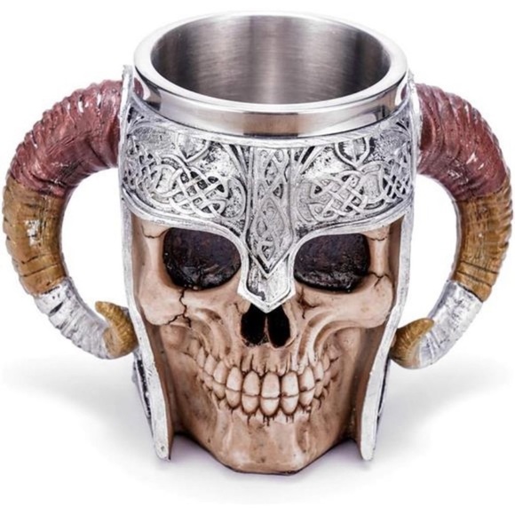 Stainless Steel Double Handle Horn Skull BeerCup,Viking Warrior SkullMug Tankard - Picture 1 of 6